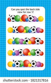 Abstract educational visual puzzle with rows of various balls. Spacial reasoning skills training.
