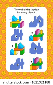 Abstract educational visual puzzle with shadow of building blocks objects. Spacial reasoning skills training.

