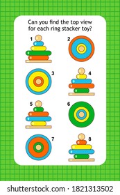 Abstract educational visual puzzle with top view of ring stacker toys. Spacial reasoning skills training.
