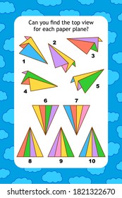 Abstract educational visual puzzle with top view of paper planes. Spacial reasoning skills training.
