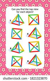 Abstract educational visual puzzle with top view of colorful wireframe objects. Spacial reasoning skills training.
