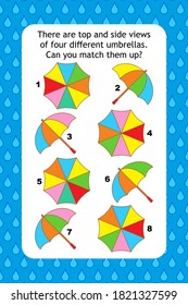 Abstract educational visual puzzle with top and side views of umbrellas. Spacial reasoning skills training.

