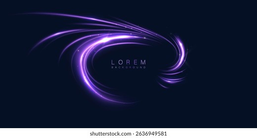 Abstract effect of swirling light of bright purple glow on dark background. Dynamic curved lines of bright rays in motion.