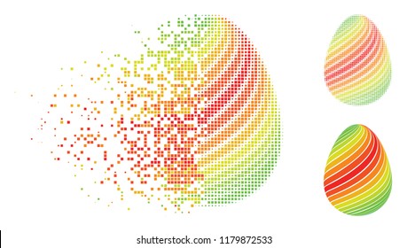 Abstract egg with diagonal stripes icon in dispersed, pixelated halftone and whole versions. Pixels are grouped into vector dispersed abstract egg with diagonal stripes icon.