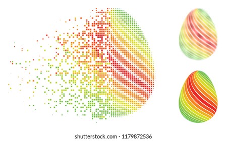 Abstract egg with diagonal stripes icon in dispersed, pixelated halftone and solid variants. Cells are combined into vector dispersed abstract egg with diagonal stripes form.
