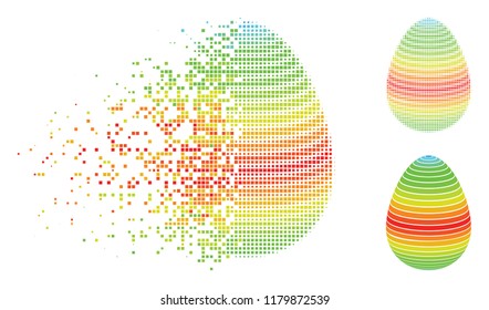 Abstract egg spectrum stripes icon in fractured, dotted halftone and whole variants. Pixels are grouped into vector dissolving abstract egg spectrum stripes form.