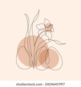 Abstract eggs, narcissus flower shapes background. Easter continuous one line drawing. Egg hunter concept line art. Hand drawn vector illustration in modern minimal style for greeting card, poster