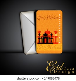Abstract Eid card Illustration on shiny color with text Ramadan Kareem and Eid Mubarak.