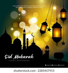 Abstract Eid Mubarak artistic background vector design. mosque silhouette and lantern background, for Islamic greeting card and poster.