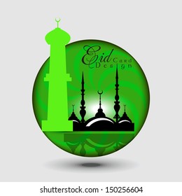 Abstract Eid Mubarak greeting card with shiny green color in grey background.