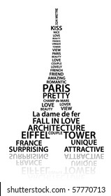 Abstract Eiffel tower made from words which relate with France and Paris