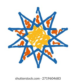 Abstrato oito pontas estrela doodle com contornos azuis vibrantes, um rabisco amarelo central, e pequenas formas laranja preenchendo os segmentos, criando uma ilustração moderna