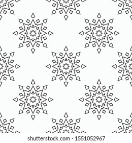 Abstract eight pointed stars seamless pattern. Repeating geometric ornament. Stars, snowfkakes shapes. Vector monochrome background.