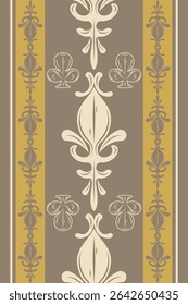 Abstract Elaborate Old Money White Brown Gold Theme. Fleur de lis Spade Medieval Renaissance Border Pattern with Luxury Scroll Ornament Decoration Embroidery Silk Weaves Handicraft Damask Royal Style