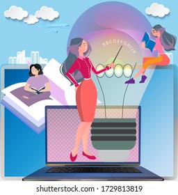 Abstract e-learning concept of a lady teaching and girls reading against computer backdrops with background scenery of skyline.