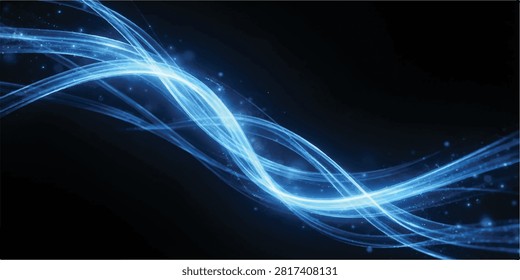 Abstract Electric Blue Neon Light Wave Background. Glowing luminous energy trails with flowing intertwined curves and sparkling particles on a dark futuristic backdrop. Dynamic background for technology branding