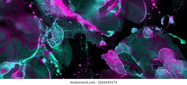 Abstract electric colors grunge vector background for cover design, poster, cover, banner, flyer, cards and design interior. Multicolor ink texture illustration. Green and pink splashes. Fluid art.