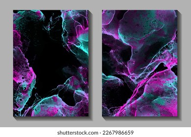 Abstract electric colors grunge vector background for cover design, poster, cover, banner, flyer, card. Multicolor ink texture illustration. Green and pink splashes. Fluid art. Colorful set background