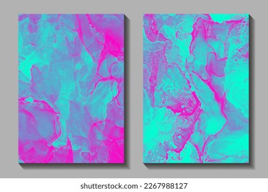 Abstract electric colors grunge vector background for cover design, poster, cover, banner, flyer, card. Multicolor ink texture illustration. Green and pink splashes. Fluid art. Colorful set background