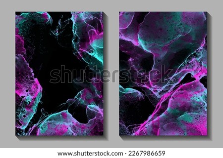 Abstract electric colors grunge vector background for cover design, poster, cover, banner, flyer, card. Multicolor ink texture illustration. Green and pink splashes. Fluid art. Colorful set background