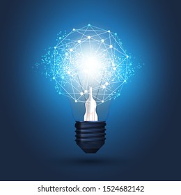 Abstract Electric and Global Network Connections Concept Design with a Glowing Light Bulb and Transparent Geometric Mesh - Illustration in Editable Vector Format