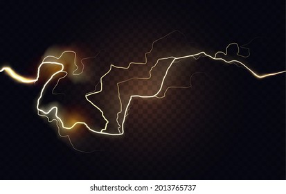 Abstract Electric Golden Lightning, Spark Energy Explosion Glow Of Thunderbolt Vector Illustration. Electricity Flash Strike Thunder Arc, Burst Glowing Power Lines Of Thunderstorm In Dark Background