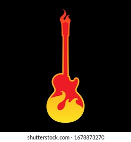 Abstract electric guitar in flames symbol on black backdrop. Design element