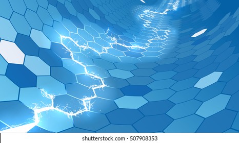 An abstract electric lightning blue honeycomb hexagon background