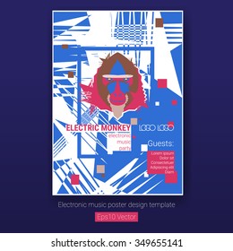 Abstract "Electric monkey" electronic music concert poster. Design template with glitch-style background and simple monkey head