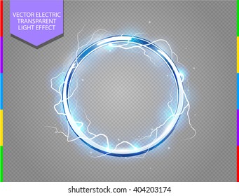 Abstract electric ring science background. Metal chrome shine round frame with energy lightning and spotlight. Power light effect with sparks. Fiction vector blue glowing stainless steel round