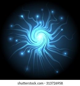Abstract electric whirlpool background. Blue vortex and glowing sparks.