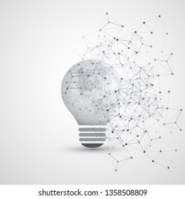 Abstract Electricity, Cloud Computing and Global Digital Network Connections Concept Design with Earth Globe Inside of a Light Bulb, Transparent Geometric Mesh - Illustration in Editable Vector Format
