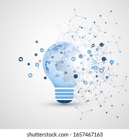 Abstract Electricity, Cloud Computing and Global Network Connections Concept Design with Earth Globe Inside a Lightbulb, Transparent Geometric Mesh - Illustration in Editable Vector Format