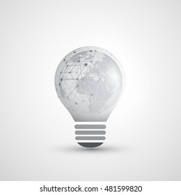 Abstract Electricity, Cloud Computing and Global Network Connections Concept Design with Earth Globe Inside a Light Bulb, Transparent Geometric Mesh - Illustration in Editable Vector Format
