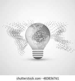 Abstract Electricity, Cloud Computing and Global Network Connections Concept Design with Earth Globe Inside of a Light Bulb - Illustration in Editable Vector Format