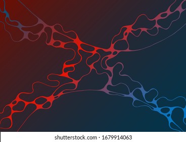 Abstract electromagnetic field fluid vector background. Energy flowing futuristic concept. Curve lines neurons net. Crossed wavy lines grid scientific background. Creative digital artwork in red blue