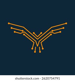 Logotipo eletrônico abstrato pássaro com linhas e pontos laranja