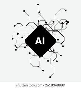 Abstract electronic circuit background with black lines and nodes connected around a central circle on a light gradient backdrop.