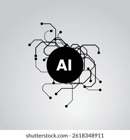 Abstract electronic circuit background with black lines and nodes connected around a central circle on a light gradient backdrop.