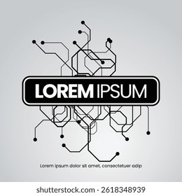 Abstract electronic circuit background with black lines and nodes connected around a central circle on a light gradient backdrop.