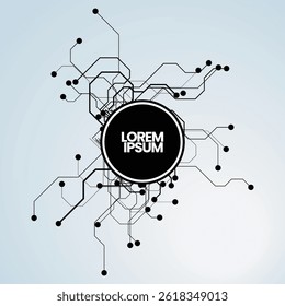 Abstract electronic circuit background with black lines and nodes connected around a central circle on a light gradient backdrop.