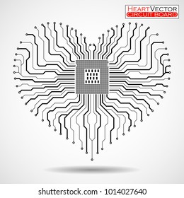 Abstract electronic circuit board with cpu in shape of heart, technology background