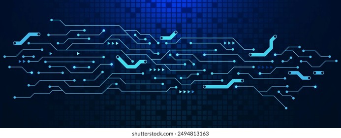 Abstract electronic circuit board with digital pixels. Global networking, electric line and communication technology background. Vector illustration.