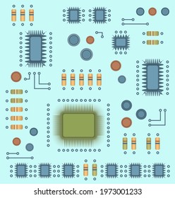 Abstract electronic circuit board. Microprocessor, microcircuits and other electronic components are located on the board and create a geometric pattern on it. Illustration. Vector, eps10.
