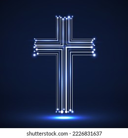 Abstract electronic circuit board in shape cross. Glowing christian symbol. Vector illustration