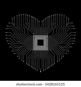 Abstract electronic circuit board in shape of heart, technology background, vector illustration