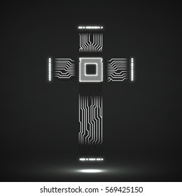 Abstract electronic circuit board in shape of cross with cpu. Christian Symbol. Vector illustration. Eps 10