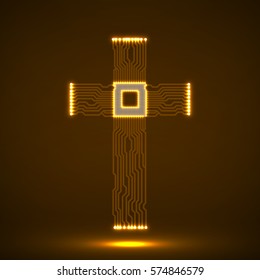 Abstract electronic circuit board in shape of cross with cpu. Christian Symbol. Vector