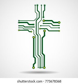 Abstract electronic circuit board in shape cross. Christian symbol. Vector illustration. Eps 10