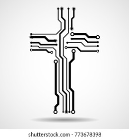 Abstract electronic circuit board in shape cross. Christian symbol. Vector illustration. Eps 10